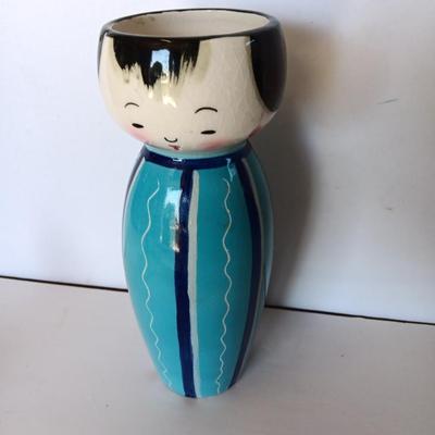 Painted Asian boy vase with Signed traditional Japanese Kimekomi craft doll