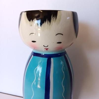 Painted Asian boy vase with Signed traditional Japanese Kimekomi craft doll