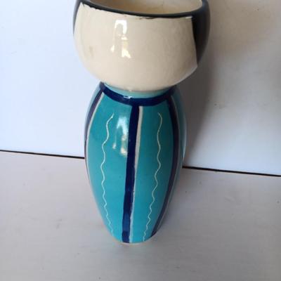 Painted Asian boy vase with Signed traditional Japanese Kimekomi craft doll