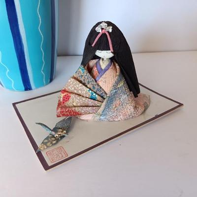 Painted Asian boy vase with Signed traditional Japanese Kimekomi craft doll