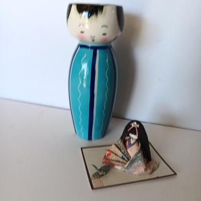 Painted Asian boy vase with Signed traditional Japanese Kimekomi craft doll