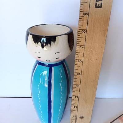 Painted Asian boy vase with Signed traditional Japanese Kimekomi craft doll