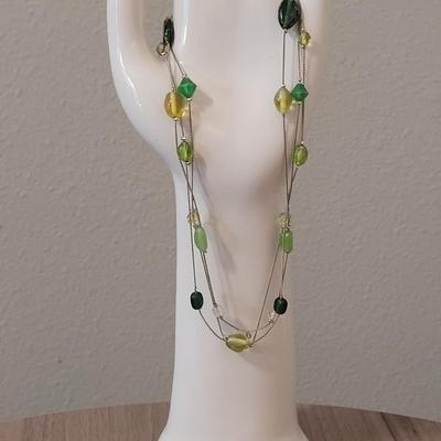 #103: Green Stone Ring, Green & Yellow Beaded Necklace and Green Bead Earrings