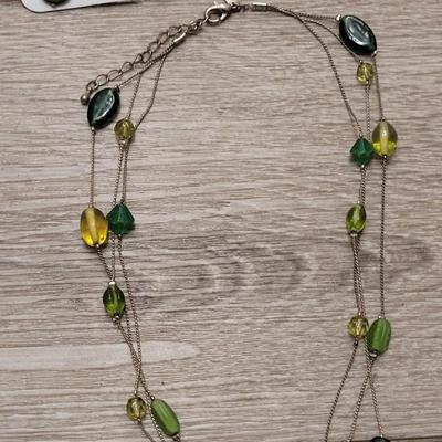 #103: Green Stone Ring, Green & Yellow Beaded Necklace and Green Bead Earrings