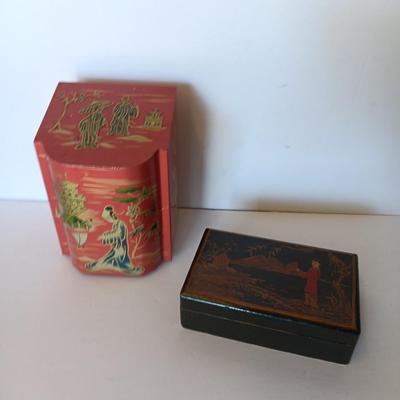 Wooden Hand painted and signed 1948 trinket / Jewlery box and an Asian themed Red Tea Tin with Hinged Lid