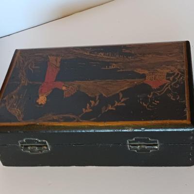 Wooden Hand painted and signed 1948 trinket / Jewlery box and an Asian themed Red Tea Tin with Hinged Lid