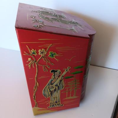 Wooden Hand painted and signed 1948 trinket / Jewlery box and an Asian themed Red Tea Tin with Hinged Lid