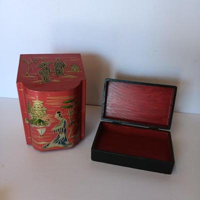 Wooden Hand painted and signed 1948 trinket / Jewlery box and an Asian themed Red Tea Tin with Hinged Lid