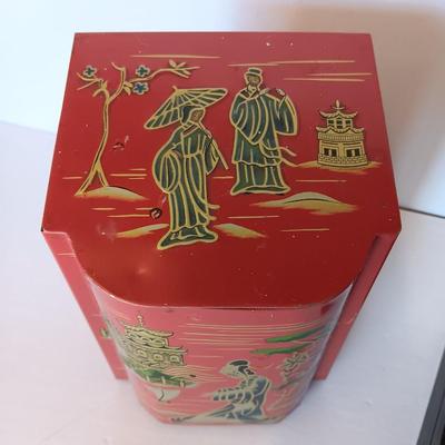 Wooden Hand painted and signed 1948 trinket / Jewlery box and an Asian themed Red Tea Tin with Hinged Lid