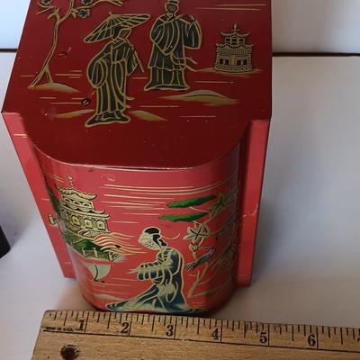Wooden Hand painted and signed 1948 trinket / Jewlery box and an Asian themed Red Tea Tin with Hinged Lid