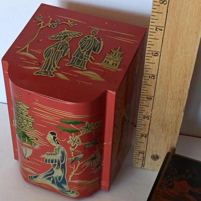 Wooden Hand painted and signed 1948 trinket / Jewlery box and an Asian themed Red Tea Tin with Hinged Lid