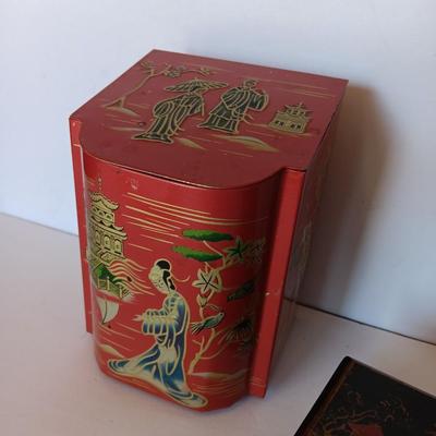 Wooden Hand painted and signed 1948 trinket / Jewlery box and an Asian themed Red Tea Tin with Hinged Lid