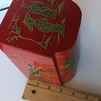 Wooden Hand painted and signed 1948 trinket / Jewlery box and an Asian themed Red Tea Tin with Hinged Lid