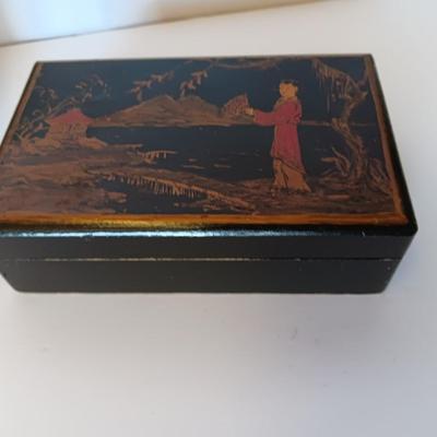 Wooden Hand painted and signed 1948 trinket / Jewlery box and an Asian themed Red Tea Tin with Hinged Lid