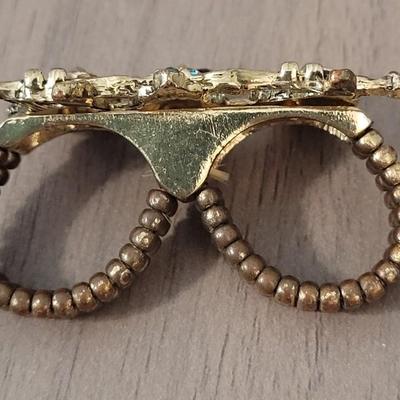 #108: Gold Tone Necklace, (2) Pairs of Hoop Earrings and Double Finger Crystal Owl Ring