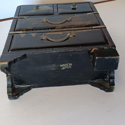 Antique Japanese Miniature Lacquered Jewelry Box / dollhouse chest of drawers with Asian Murchie's Tin tea container