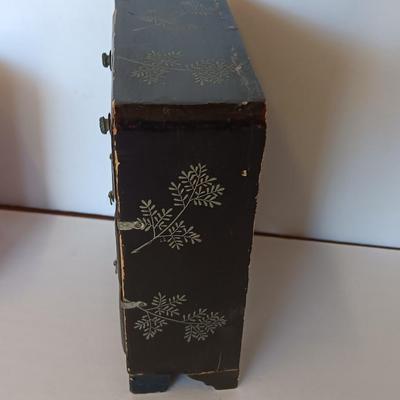 Antique Japanese Miniature Lacquered Jewelry Box / dollhouse chest of drawers with Asian Murchie's Tin tea container