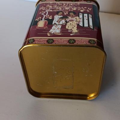 Antique Japanese Miniature Lacquered Jewelry Box / dollhouse chest of drawers with Asian Murchie's Tin tea container
