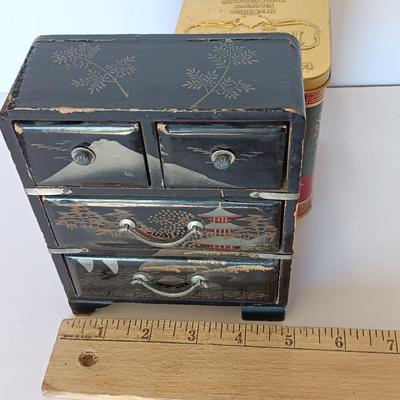 Antique Japanese Miniature Lacquered Jewelry Box / dollhouse chest of drawers with Asian Murchie's Tin tea container