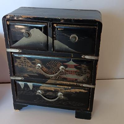 Antique Japanese Miniature Lacquered Jewelry Box / dollhouse chest of drawers with Asian Murchie's Tin tea container
