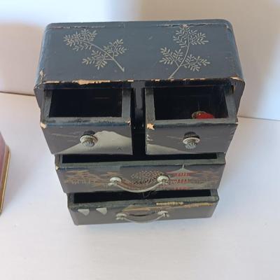 Antique Japanese Miniature Lacquered Jewelry Box / dollhouse chest of drawers with Asian Murchie's Tin tea container