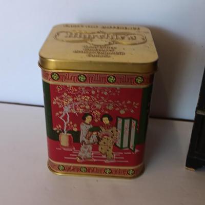 Antique Japanese Miniature Lacquered Jewelry Box / dollhouse chest of drawers with Asian Murchie's Tin tea container