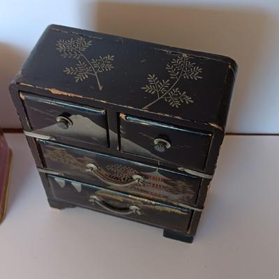 Antique Japanese Miniature Lacquered Jewelry Box / dollhouse chest of drawers with Asian Murchie's Tin tea container