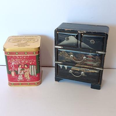 Antique Japanese Miniature Lacquered Jewelry Box / dollhouse chest of drawers with Asian Murchie's Tin tea container