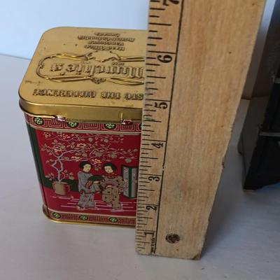 Antique Japanese Miniature Lacquered Jewelry Box / dollhouse chest of drawers with Asian Murchie's Tin tea container