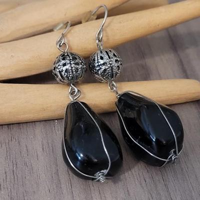 #111: Black Stone Earrings and Black, Clear, and A single Turquoise Bead Necklace