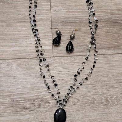 #111: Black Stone Earrings and Black, Clear, and A single Turquoise Bead Necklace