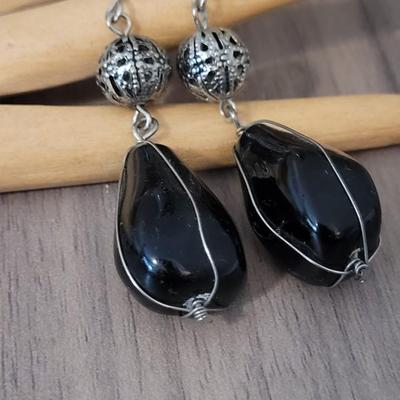 #111: Black Stone Earrings and Black, Clear, and A single Turquoise Bead Necklace