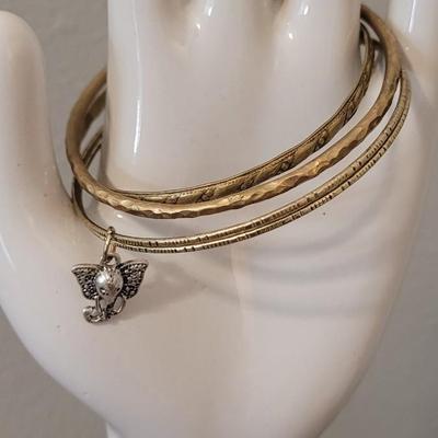 #112: Gold Tone Bangle Bracelets, Fossil Bracelet and Wrapped Leaf Ring