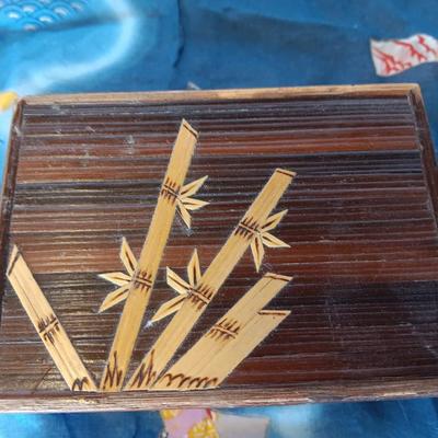 Vintage mosaic wooden box Bamboo inlay with Hobe inspired necklace and silk Handkerchief.