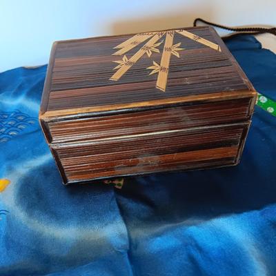 Vintage mosaic wooden box Bamboo inlay with Hobe inspired necklace and silk Handkerchief.