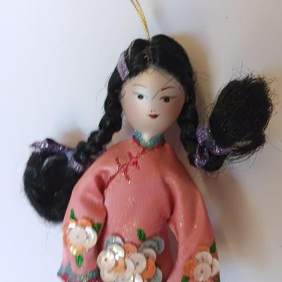 Vintage Lillian Vernon? Oriental Geisha blown glass 7.5" Doll Ornament and Silk cloth checkbook case