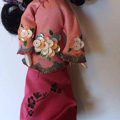 Vintage Lillian Vernon? Oriental Geisha blown glass 7.5" Doll Ornament and Silk cloth checkbook case