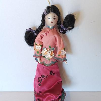 Vintage Lillian Vernon? Oriental Geisha blown glass 7.5" Doll Ornament and Silk cloth checkbook case