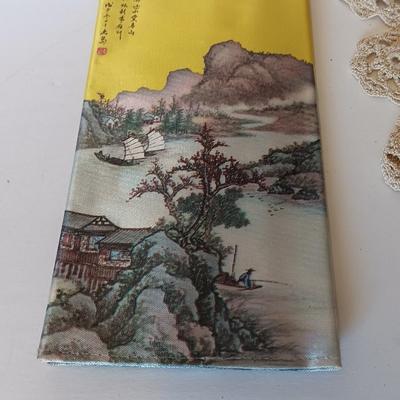 Vintage Lillian Vernon? Oriental Geisha blown glass 7.5" Doll Ornament and Silk cloth checkbook case