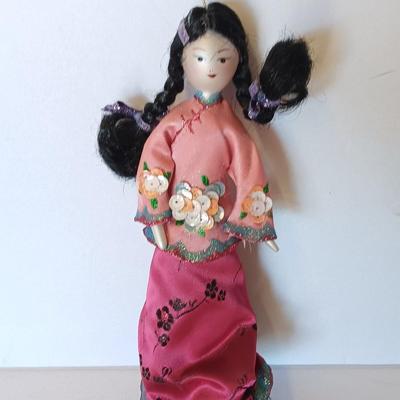 Vintage Lillian Vernon? Oriental Geisha blown glass 7.5" Doll Ornament and Silk cloth checkbook case