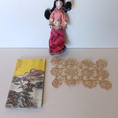Vintage Lillian Vernon? Oriental Geisha blown glass 7.5" Doll Ornament and Silk cloth checkbook case