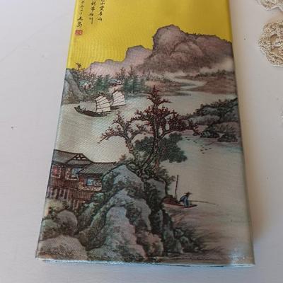 Vintage Lillian Vernon? Oriental Geisha blown glass 7.5" Doll Ornament and Silk cloth checkbook case