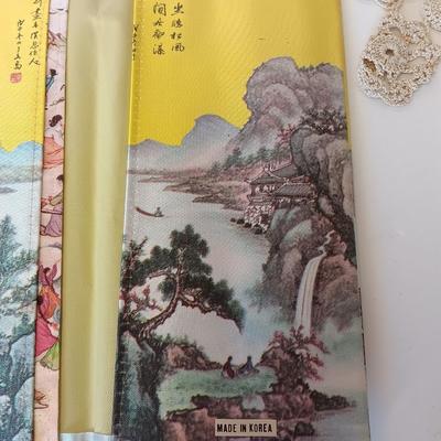 Vintage Lillian Vernon? Oriental Geisha blown glass 7.5" Doll Ornament and Silk cloth checkbook case