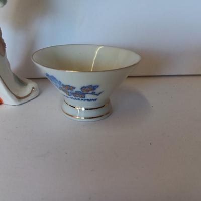 Vintage hand painted Porcelain Geisha girl figure with Masamune saki dish