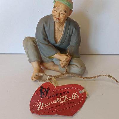 Vintage Hand painted Hakata Urasaki dolls Fukuoka Japan Figure Man twisting straw thread