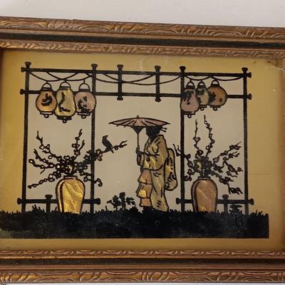 Beautiful, beaded Geisha girl artwork with BE-1 "Lantern Garden in Japan" framed art