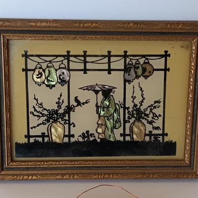 Beautiful, beaded Geisha girl artwork with BE-1 "Lantern Garden in Japan" framed art