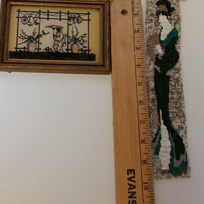 Beautiful, beaded Geisha girl artwork with BE-1 "Lantern Garden in Japan" framed art