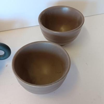 Vintage Chinese Yixing Ziesha pottery blueish green Clay pot with 4 Asian Teacups