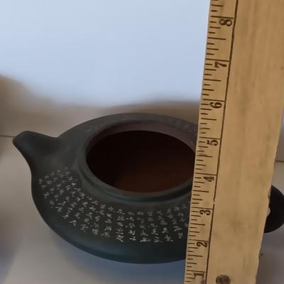 Vintage Chinese Yixing Ziesha pottery blueish green Clay pot with 4 Asian Teacups